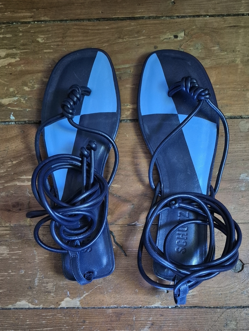 SCHUTZ Navy Strappy Lace-Up Flats with Light Blue Footbed